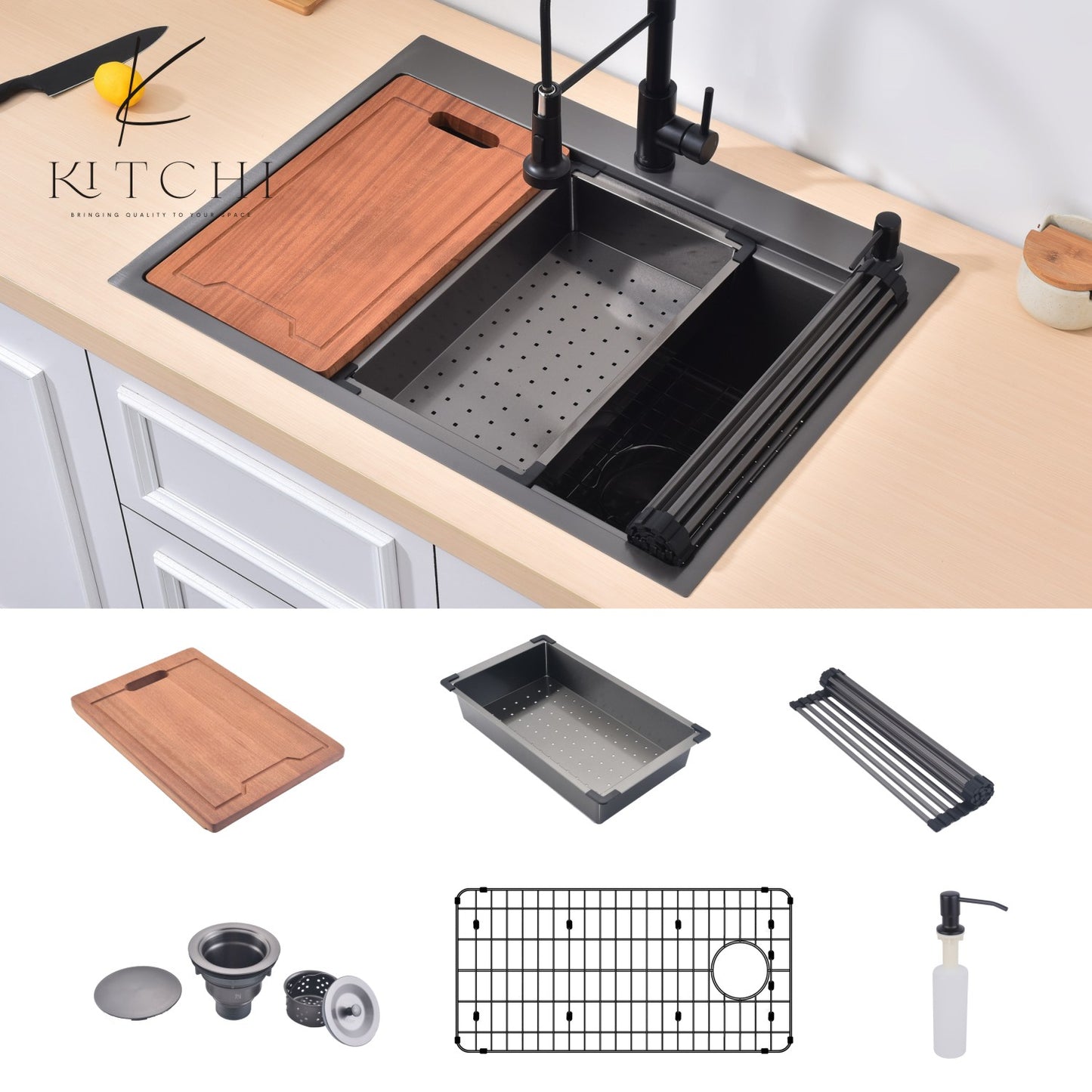 33" Single Bowl Gunmetal Black Stainless Steel Dual Mount Kitchen Sink