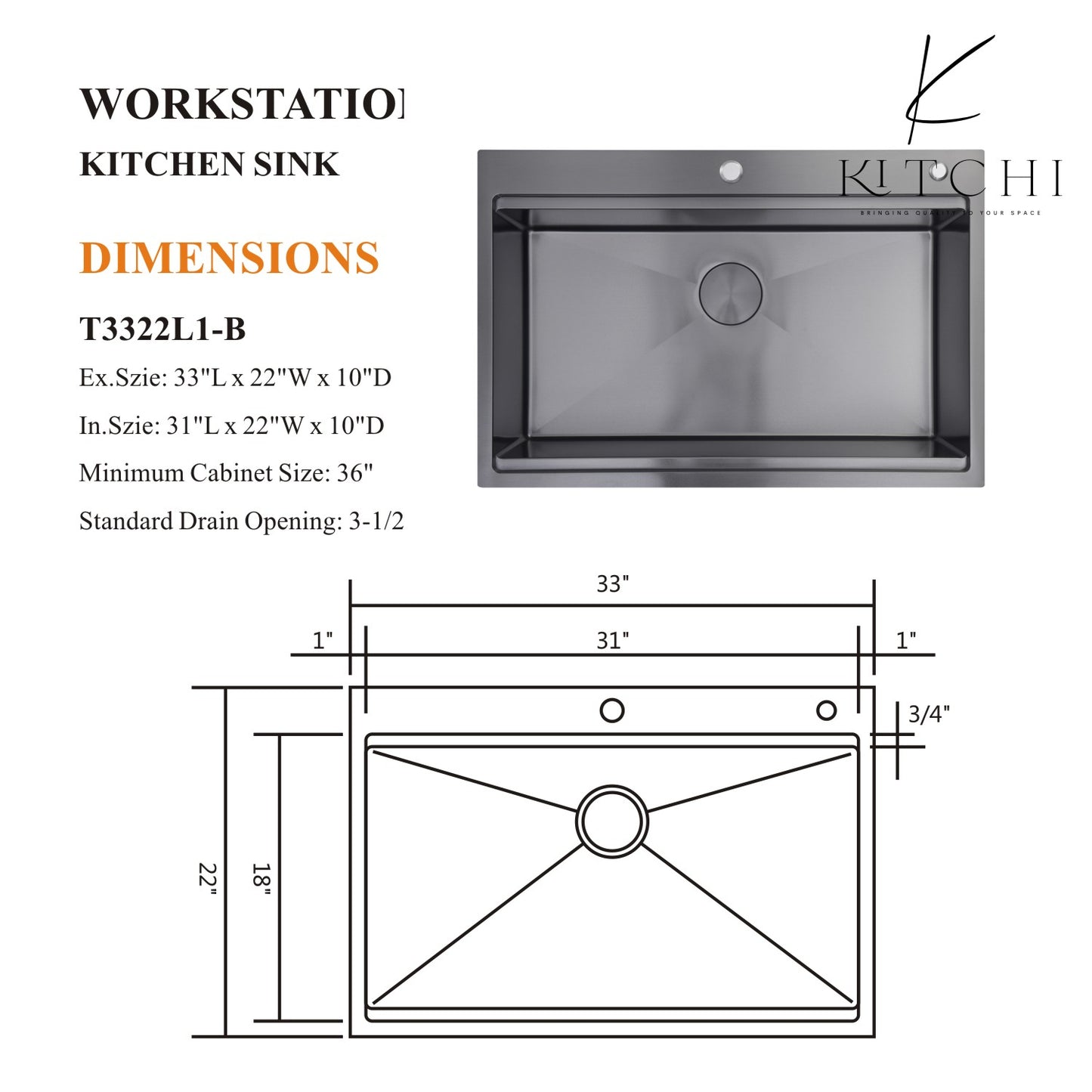 33" Single Bowl Gunmetal Black Stainless Steel Dual Mount Kitchen Sink