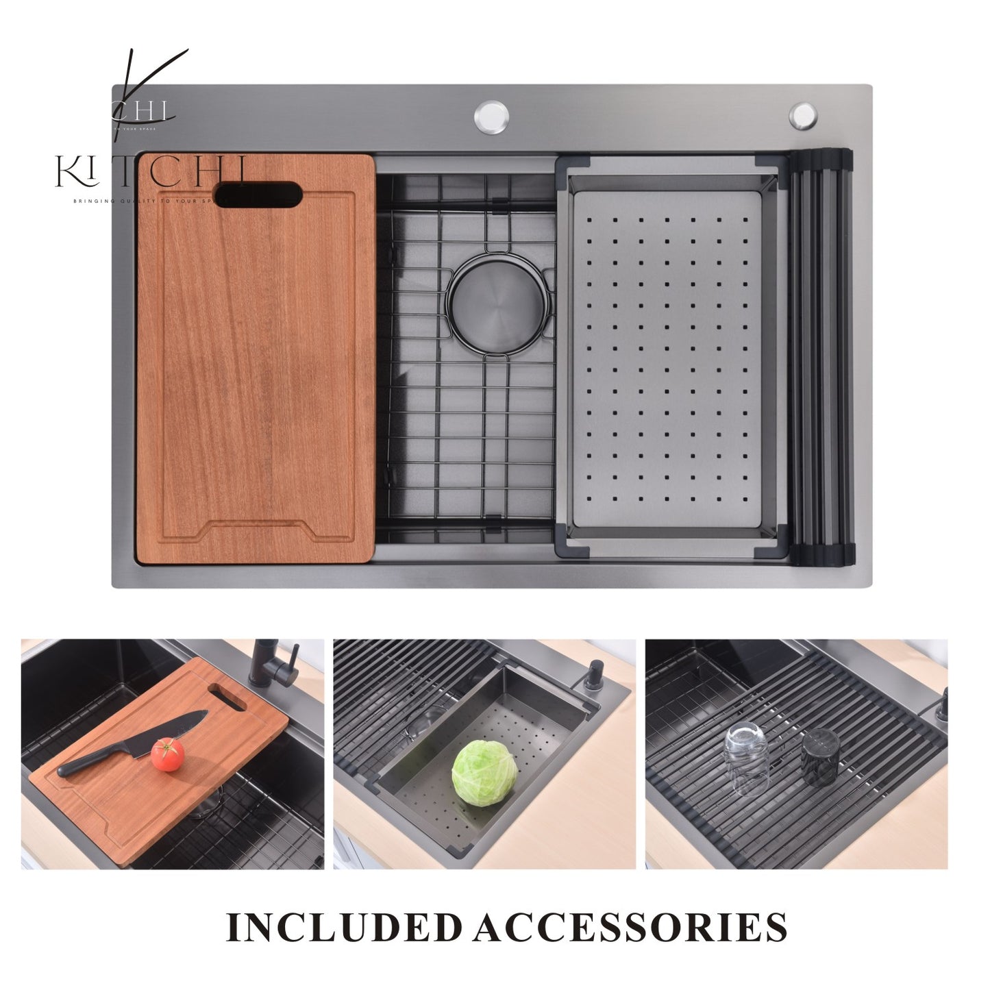 33" Single Bowl Gunmetal Black Stainless Steel Dual Mount Kitchen Sink