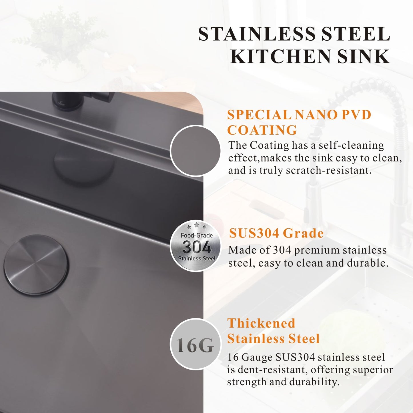 33" Single Bowl Gunmetal Black Stainless Steel Dual Mount Kitchen Sink