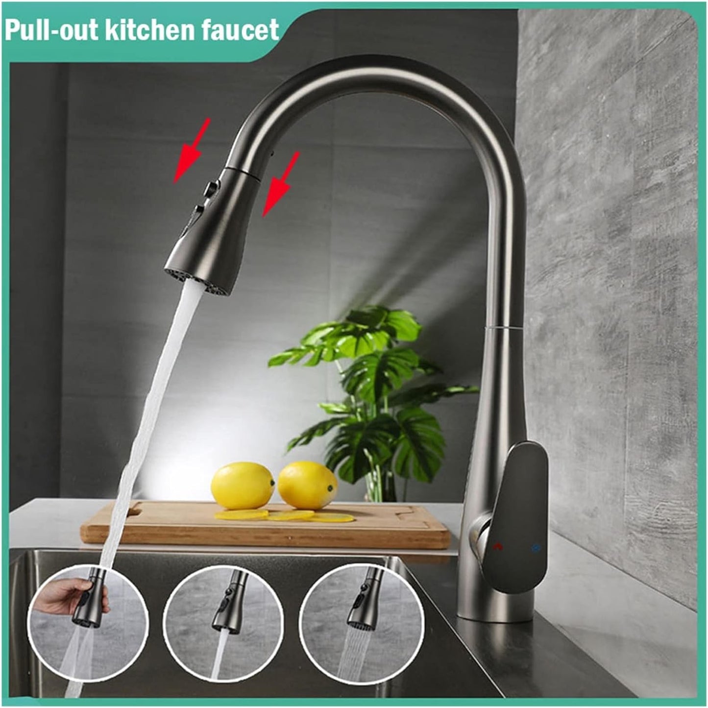 3 Modes Pull-Out Kitchen Faucet 304 Stainless Steel (Color : Matte Grey, Brushed nickel)