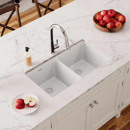 Elkay Quartz Classic White Quartz 33 in. Equal Double Bowl Undermount Kitchen Sink