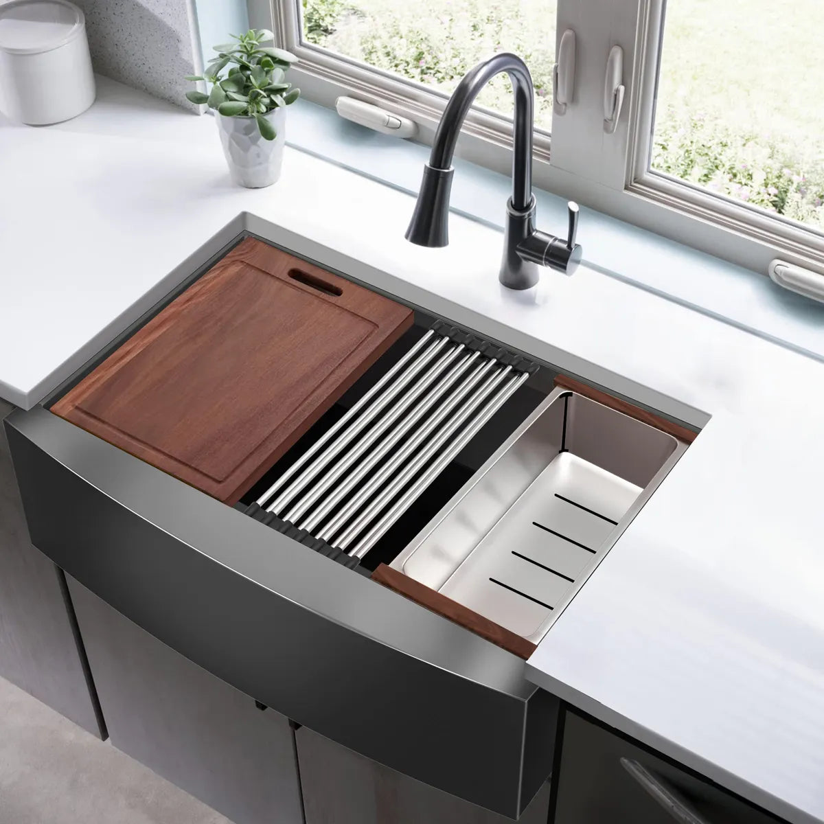 33 in. Gunmetal Nano Black Stainless Steel Single Bowl Farmhouse Workstation Kitchen Sink