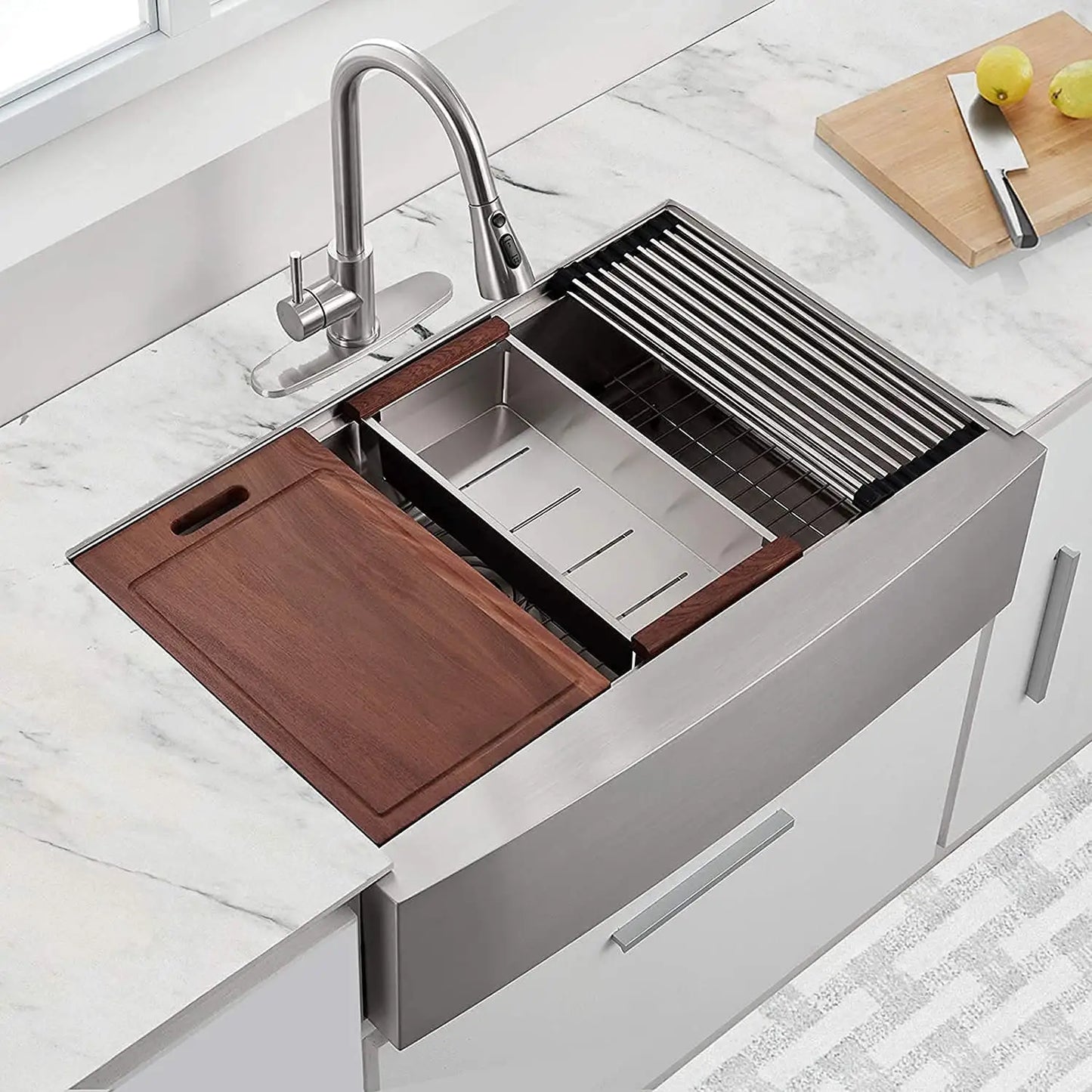 33 in. Farmhouse/Apron Front Single Bowl Stainless Steel Workstation Kitchen Sink with Accessories