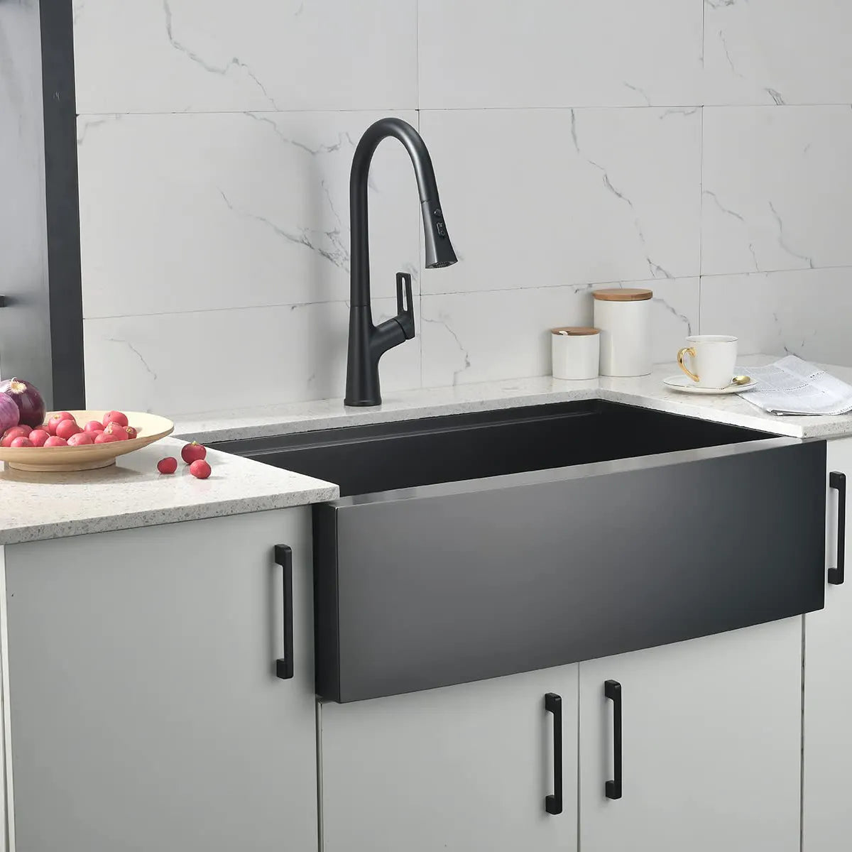 33 in. Gunmetal Nano Black Stainless Steel Single Bowl Farmhouse Workstation Kitchen Sink