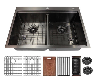 32 in. Dual Mount Nano Black Stainless Steel 50/50 Double Bowl Workstation Kitchen Sink with Accessories