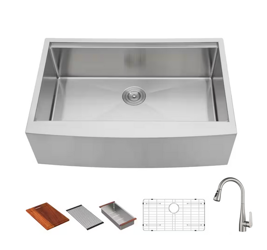 33 in. Farmhouse/Apron Front Single Bowl Stainless Steel Workstation Kitchen Sink with Accessories and Faucet