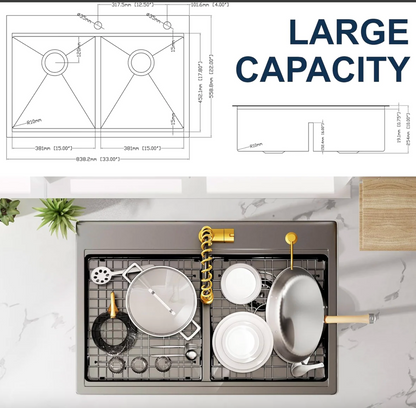 33" x 22" Inch Double Bowl Black Stainless Steel Drop in Kitchen Sink