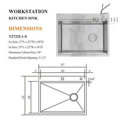 27" Dual Mount Kitchen Sink, 16 Gauge Stainless Steel Sink Workstation Ledge Single Bowl