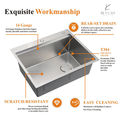 27" Dual Mount Kitchen Sink, 16 Gauge Stainless Steel Sink Workstation Ledge Single Bowl