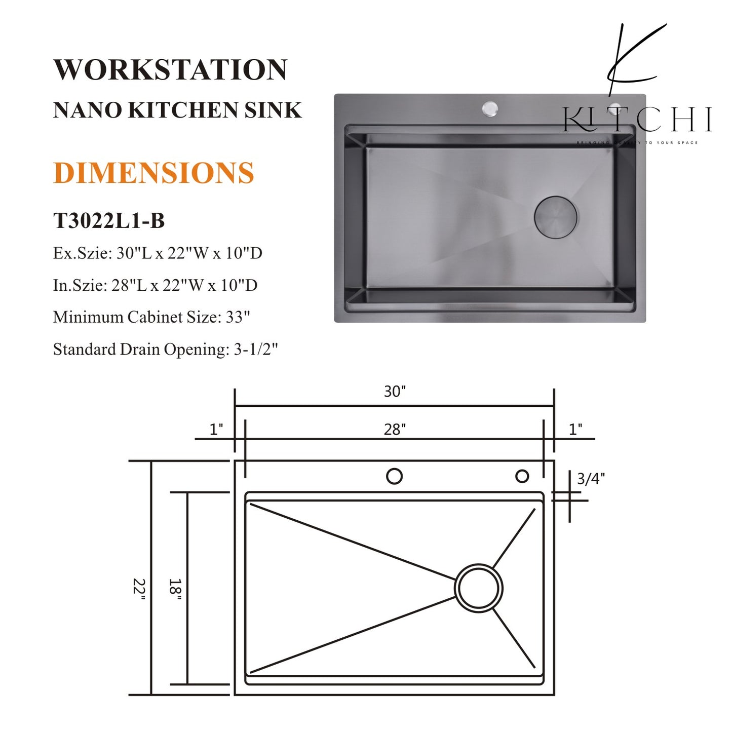 30"  Single Bowl Gunmetal Black Stainless Steel Dual Mount Kitchen Sink