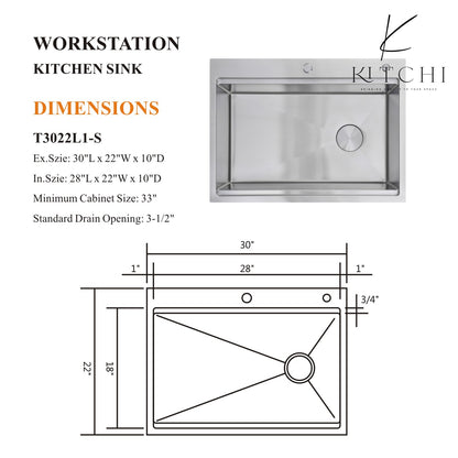 30" Dual Mount Kitchen Sink, 16 Gauge Stainless Steel Sink Workstation Ledge Single Bowl