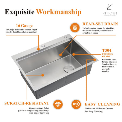 30" Dual Mount Kitchen Sink, 16 Gauge Stainless Steel Sink Workstation Ledge Single Bowl