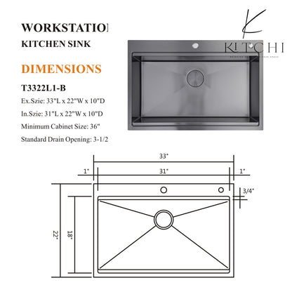 33"  Single Bowl Gunmetal Black Stainless Steel Dual Mount Kitchen Sink