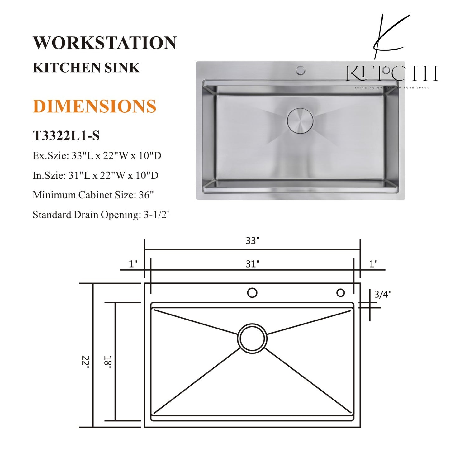 33"  Single Bowl Stainless Steel Dual Mount Kitchen Sink in satin Color