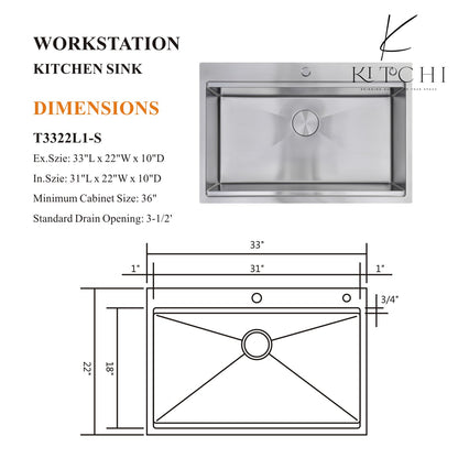 33"  Single Bowl Stainless Steel Dual Mount Kitchen Sink in satin Color