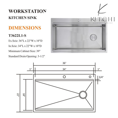 36" Dual Mount Kitchen Sink, 16 Gauge Stainless Steel Sink Workstation Ledge Single Bowl