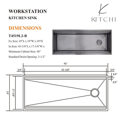 45"  Single Bowl Gunmetal Black Satin Stainless Steel Under Mount Kitchen Sink Two Ledge