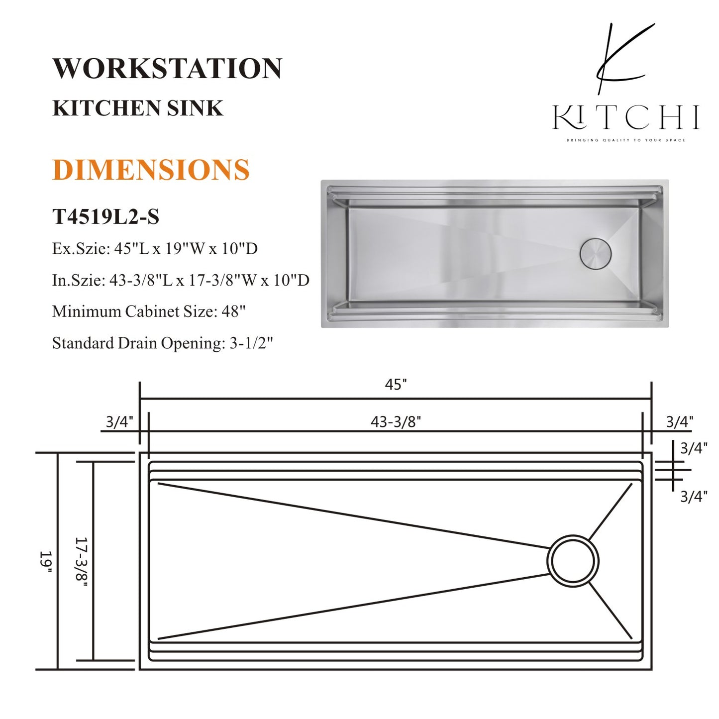 45"  Single Bowl Satin Stainless Steel Under Mount Kitchen Sink Two Ledge