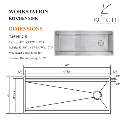 45"  Single Bowl Satin Stainless Steel Under Mount Kitchen Sink Two Ledge