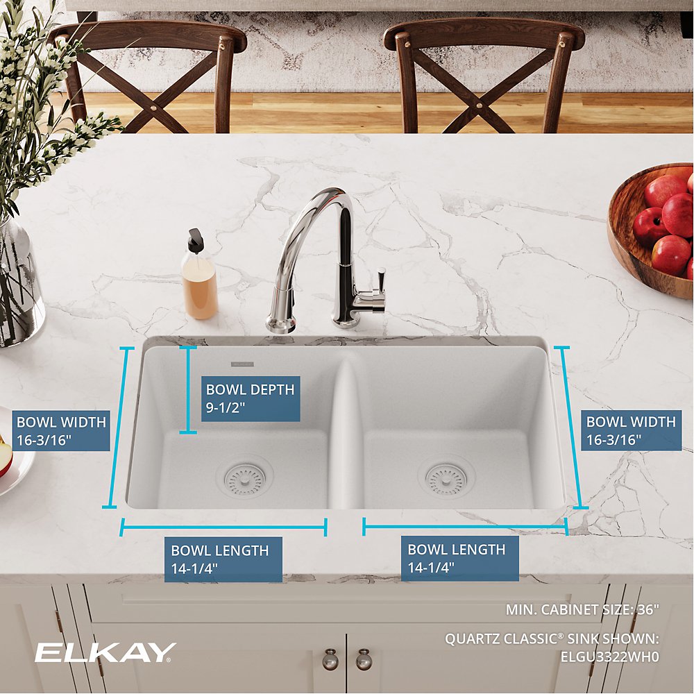 Elkay Quartz Classic White Quartz 33 in. Equal Double Bowl Undermount Kitchen Sink