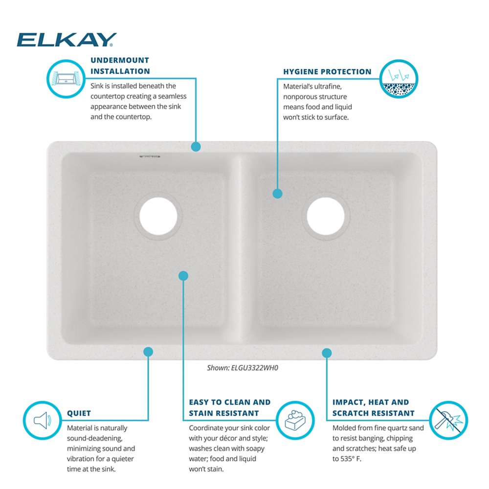 Elkay Quartz Classic White Quartz 33 in. Equal Double Bowl Undermount Kitchen Sink