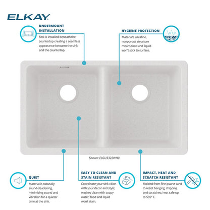 Elkay Quartz Classic White Quartz 33 in. Equal Double Bowl Undermount Kitchen Sink