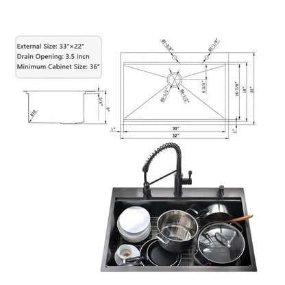 32 in. Dual Mount Nano Black Stainless Steel 50/50 Double Bowl Workstation Kitchen Sink with Accessories