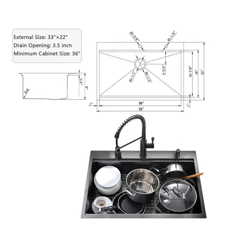 All-in-One Tight Radius Drop-In/Undermount Nano Gunmetal Black Stainless Steel 32 in. Single Bowl Kitchen Sink with Accessories